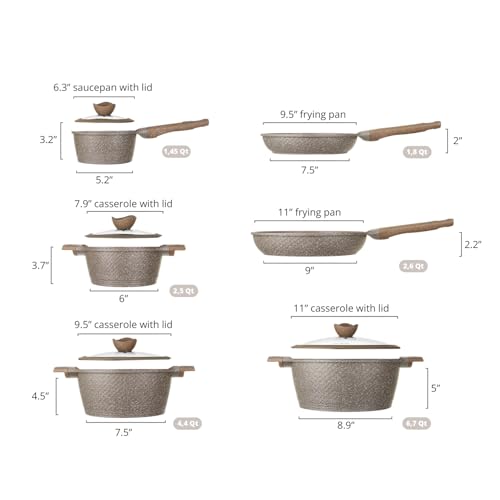 KASANOVA Pots and Pans set for cooking nonstick, 10Pcs, Durable Aluminum cookware set, PFOA-free, Kitchen pans set with glass lid, Induction safe, Taupe (10)