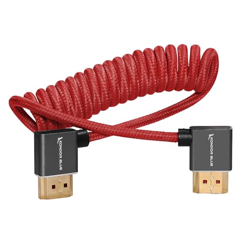 KONDOR BLUE 4K Right Angle HDMI to HDMI Thin Short Coiled Braided Cable for On-Camera Monitors, Capture Cards + More | 4K/60hz | 18Gbps 3D HDR MetaData | 12\" ~ 24\" Inch | Red