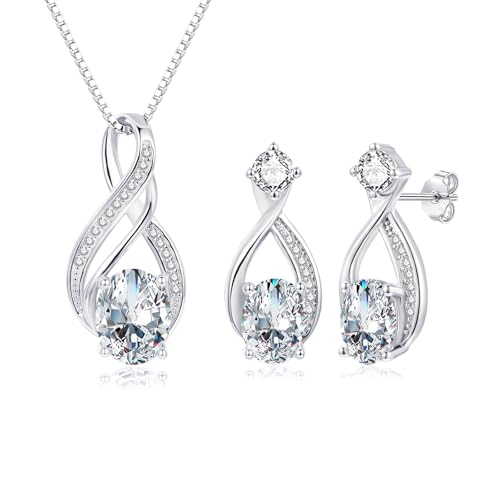 Bewenda Silver Jewellery Sets for Women - 2 PCS Infinity Water Drop Necklace & Stud Earrings with 5A Cubic Zirconia, 925 Sterling Silver Chain 45cm with Teardrop Pendant & Studs Womens Jewellery Gift