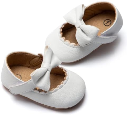 HsdsBebe Infant Baby Girls Mary Jane Flats Bow Non-Slip Soft Sole Princess Toddler First Walkers Sneaker Wedding Dress Shoes(HM1628 White,1)