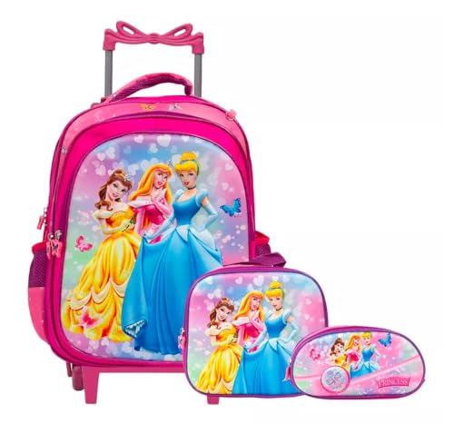 Kit Mochila Infantil com Rodinhas Princesas + Lancheira Térmica + Estojo Escolar