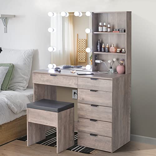 Bituman Modern Vanity Set With Cushioned Stool, Led Dressing Table With 6 Drawers And 2 Shelves Modes Adjustable Brightness, Makeup Vanity Table With Sliding Mirror Cabinet For Girls Women, Gray #TOP6