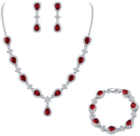 EleQueen Women's Silver-Tone Cubic Zirconia Teardrop Flower Bridal V-Necklace Sets Tennis Bracelet Dangle Earrings Ruby Color
