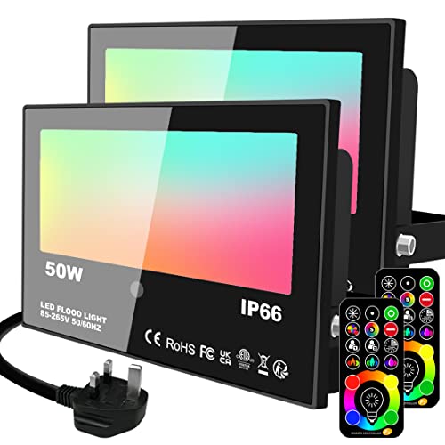 Lighting Master LED Floodlight Outdoor 50W 5000LM, 120 RGB Colours Changing + Warm White Flood Lights, with Timing Remote Control, IP66 Waterproof, UK 3-Plug, for Garden Lighting (2 Pack)
