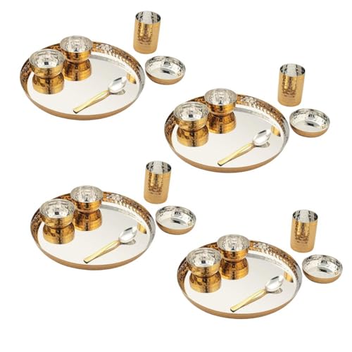 Image of Silverglow Hammered Stainless Steel Dinner Set of 24 pcs, Gold Plated Dinnerware Set for 4 People, Diwali Wedding Return Gift, Hotel Restaurant Steel Luxury Gold Plate Set