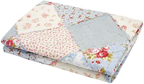Cozyholy Original 100% Cotton Patchwork Quilt Twin Size Blue Floral Bedspread Reversible Vintage Shabby Chic Quilted Throw Blanket Bed Quilt Cover for Couch Sofa