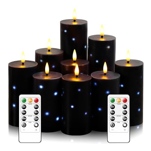 Flickering Flameless Candles,Battery Operated Real Wax LED Pillar Candles with Remote Control and Timer,with Embedded Star String,Set of 9 (Black)