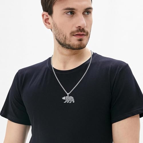 Viking Bear Necklace 925 Sterling Silver Celtic Knot Bear Pendant Norse Jewelry for Men, w/Stainless Steel Chain 22"+2"3