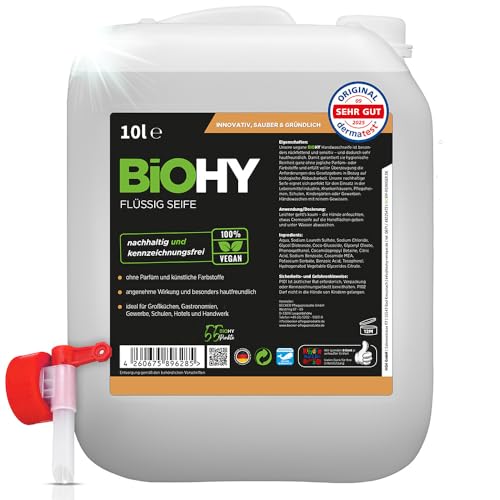 BiOHY Flüssig Seife (10 Liter Kanister) + Auslaufhahn | Hautschonende, rückfettende & flüssige Handseife | PHOSPHATFREI | geruchsneutrale Hygiene | auch für das Gesicht geeignet