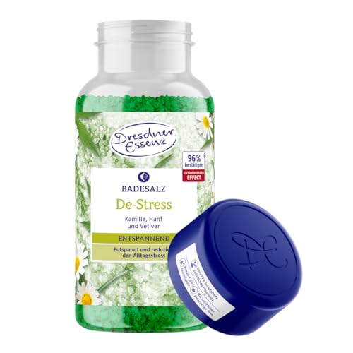 Dresdner Essenz Sales de baño De-Stress de 600 g, efecto relajante con aceites esenciales y sal de Epsom que contiene magnesio, cristales de baño para la relajación y reducción del estrés (manzanilla,