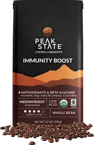 Peak State Immunity Boost Coffee with Benefits, Medium Roast – Mushroom Coffee, Low Acid & Smooth, Dark Chocolate & Sweet Grape, Organic Whole Bean Coffee, Gluten Free, 12 oz. Each