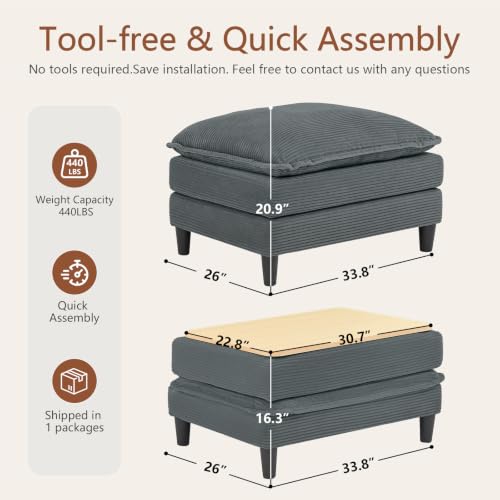 Image of Corduroy Storage Ottoman Coffee Table for Modular Sectional Couch, Corduroy Footrest Extension with Hidden Storage, Modern Soft Cushioned Stool for Living Room, Gray