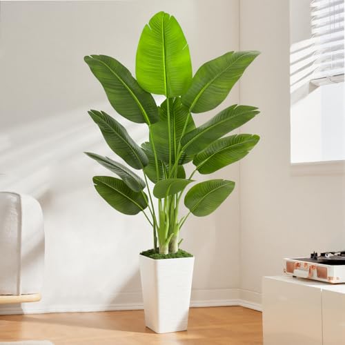 Image of Lifelike Bird of Paradise Artificial Plant 6ft Faux Banana Leaf TRE with White Tall Wavy-Textured Planter for Home Decor- perect Indoor Silk Floor Plant for Living Room Office Ambianc Enhancement