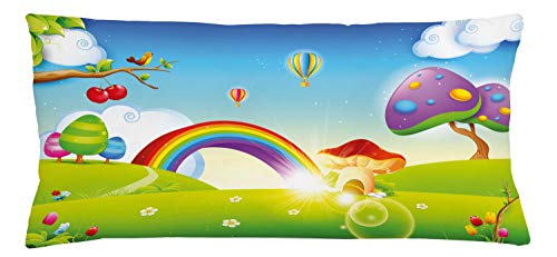 Lunarable Cartoon Throw Pillow Cushion Cover, Mushroom Homes Spring Sunbeams Garden Rainbow Clouds Clear Sky Nursey Art, Decorative Square Accent Pillow Case, 36