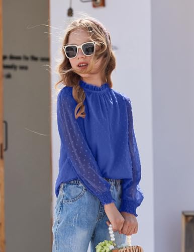 Image of Arshiner Girls Long Sleeve Shirts Chiffon Blouses Swiss Dot Frill Neck Top