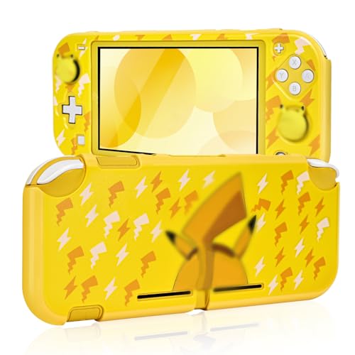 Image of DLseego Case for Switch Lite,Lovely Yellow Lightning Alien Back Print Hard Protective Case PC Game Grip Cover with 2PCS Switch Thumb Grip Caps,White+Yellow