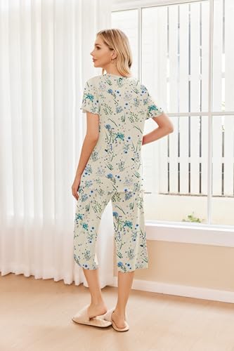 Image of Ekouaer 2 Pack: Women's Pajamas Set Short Sleeve Sleepwear Capri Pants Pjs Soft Loungewear with Pockets