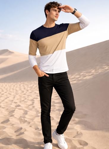 Image of ADRO Men's Full Sleeve T-Shirt Navy Grey Colorblock | Cotton Round Neck Casual Tshirt | Regular Fit Stylish T Shirt