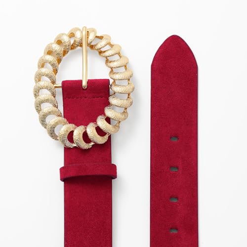 Leather Belts for Women Stylish Suede Burgundy Red Belt with Gold Buckle Elegant Dress Belt Women3