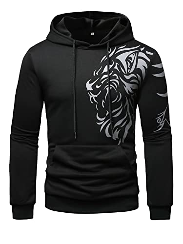 Gorglitter Men's Lion Graphic Print Drawstring Hoodie Long Sleeve Hooded Sweatshirt Black Small #TOP3