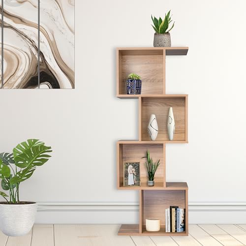 Image of Bookcase, Bookshelf, Freestanding Display Storage Shelves Open Bookcase for Bedroom, Small Bookshelf for Living Room and Office (Natural, S-Shaped)
