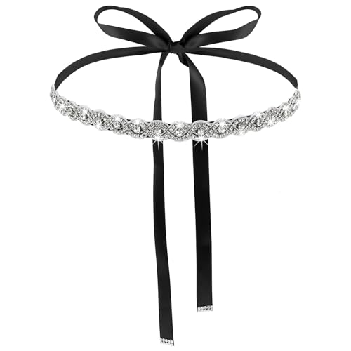 TIESOME Bridal Rhinestone Wedding Waist Belt, Handcrafted Bling Crystal Belts Adjustable Glitter Ribbon Belt for Women Jeans Dress (Black)