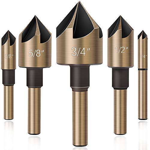 Rokrou Countersink Drill Bit Set 5 Pieces Titanium Coated High Speed Steel 82 Degree 5 Flute 1 4 inch Round Shank Mill Cutter Bit Counter Sink in Sizes 1 4 3 8 1 2 5 8 3 4 Set with Aluminum Case