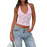 Qtinghua Womens Y2K Floral Lace Crop Tops Sexy Deep V-Neck Backless Tank Summer Going Out Aesthetic Grunge Halter Top Club Streetwear (Pink, M)