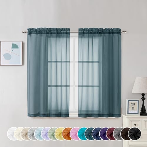Image of Chyhomenyc Stone Blue Sheer Curtains 45 Inch Long 2 Panels, Light Filtering Rod Pocket Voile Short Curtains Drapes for Living Room Bedroom Small Windows, 42Wx45L Inches