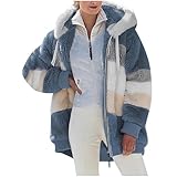 2024 New Rcontrasting Lamb Wool Padded Coat Sherpa Hoodie Lined Jacket Women Faux Fur Shearling Fleece Zip Shacket (US, Alpha, Medium, Regular, Regular, Blue)