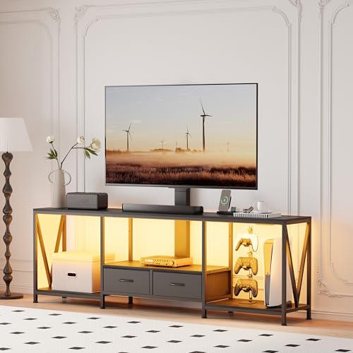 Image of 63 inch W TV Stand with Mount for 50,55,65,75 inch TV,Entertainment Center with Power Outlet and Led Lights,Height Adjustable TV Console Table with Open Storage Shelves and Fabric Drawers (Black)