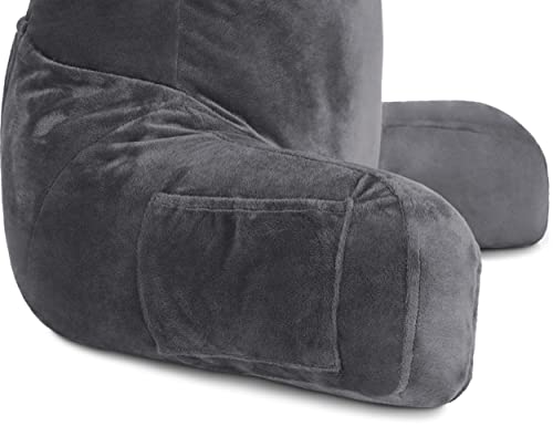 Husband Pillow Dark Grey, Standard+ Original Reading Pillow In Bed Rest Chair, Shredded Memory Foam Large Lounge Cushion Adult Backrest W/Arms, Comfy Back Support For Sit Sitting Up, Removable Cover #TOP7