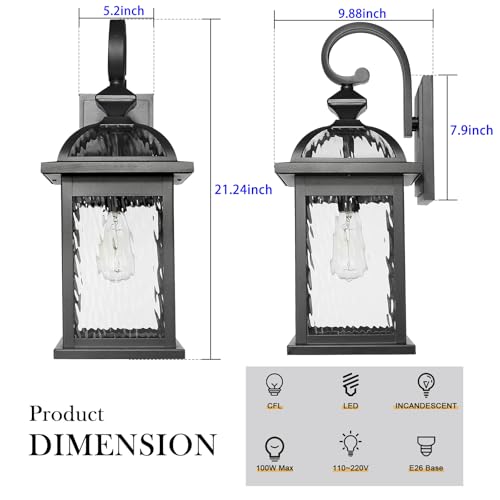 Image of Darkaway Outdoor Lights Fixture Wall Mount, Large 22inch Exterior Wall Light with Water Ripple Glass Waterproof Black Outside Wall Sconce for House Porch Hallway Garage
