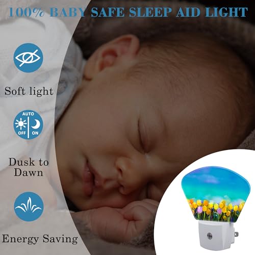 Image of Tulips Flowers Oil Painting Night Light for Kids Girls Boys, Abstract Flower Painting LED Night Light Plug into Wall with Dusk to Dawn Sensor for Room, Hallway, Kitchen, Bathroom, Stairs Decor