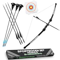 Bogenkönig Pfeil und Bogen Kinder Set-Einsteiger Sportbogen mit 6 Pfeilen (3 schwarz Pfeile mit Metallspitze und 3 blaue Pfeile mit Saugnapf) 6x Zielpapier Ideal für Kinder und Jugendliche ab 7 Jahren