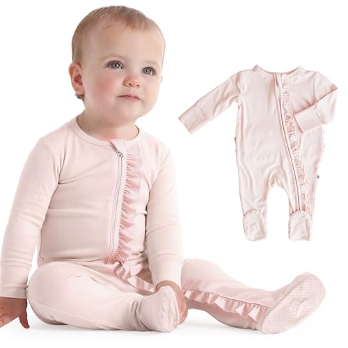 Image of Caden Lane Zippered Baby Footie Pajamas, Soft Onesie Bodysuit with Feet & Double Zipper for Easy Diaper Change, Infant, and Toddler Footed One-Piece Jumpsuit, Pale Pink, Newborn