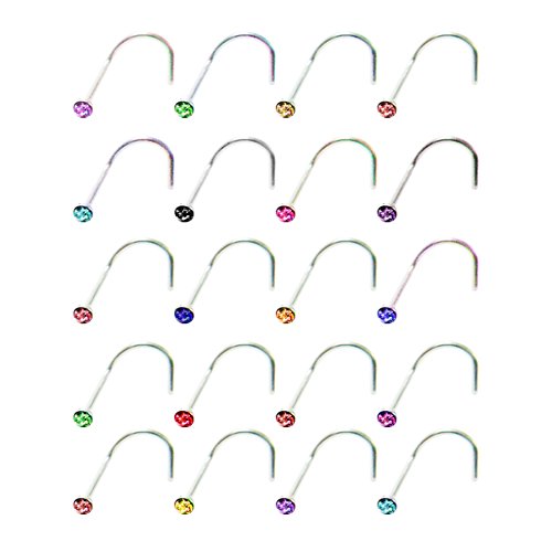 LEFV 20pcs Mixed Color Stainless Steel Rhinestone Piercing Nose Studs Rings Bone Bar Pin Jewelry - Assorted Colors