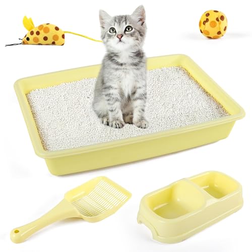 PAWISE Cat Litter Box Set, Small Kitten Starter Kit, Includes Litter Box, Litter Scoop, Double Dish Feeding Bowl, Cat Mouse Toy, Kitty Ball Toy, Yellow