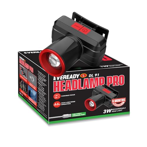 Image of Eveready DL91 Headlamp Pro, Rechargeable 3W LED Headlight Torch, 20000 Lux Power, Telescopic Focus, 7-Hour Lighting Time, Dual Mode, USB Type-C Charging, 90 Tilt, Wearable Without Helmet