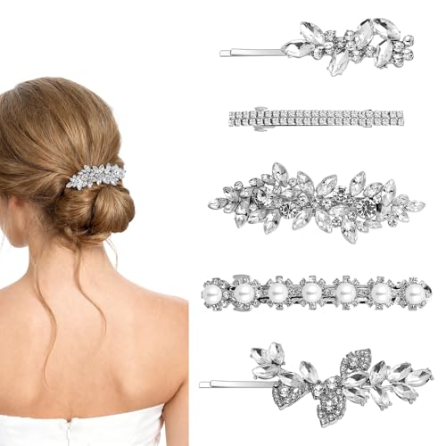 Nogeqi 5PCS Rhinestone Hair Clips, Silver Diamond Hair Clips for Prom
