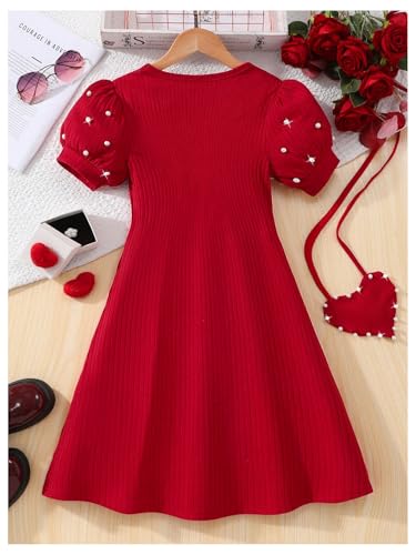Girl's Pearls Dress Crewneck Puff Sleeve A Line Flared Dresses2