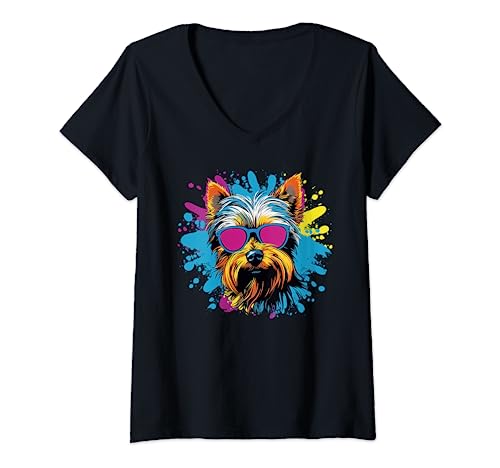 Mujer Yorkshire Terrier Yorkie Dog Sunglasses Colorful Pop Art Camiseta Cuello V