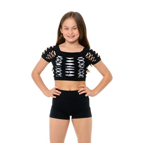 Girls Neon Fishnet Crop Top Sheer Mesh Short Sleeve Shirt for Back to School Dance Layering Ages 10-142