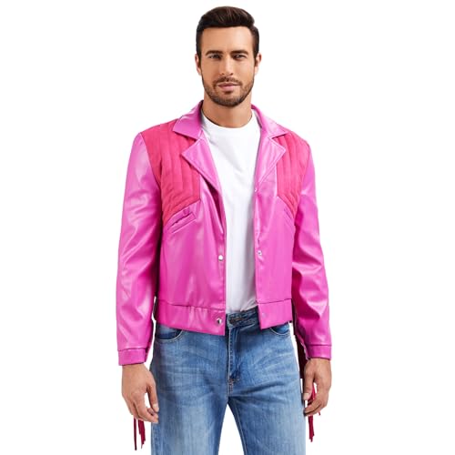 MRYUWB Halloween Cosplay Western Cowboy Jacket - Mens Faux Leather Fringe Costume Pink Fringe Jacket for Themed Parties (Pink X-Large)