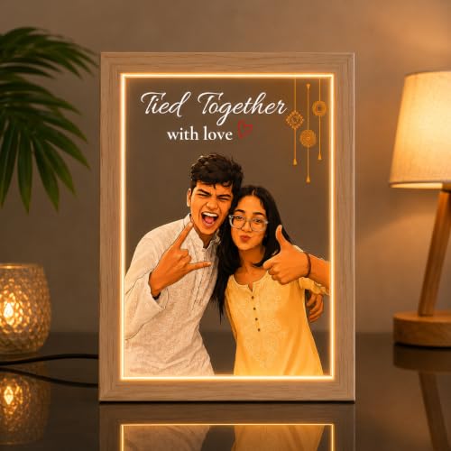Image of Personalized Raksha Bandhan Acrylic LED Lamp with Custom Photo (Design 7) | Night Light, Brother Sister, Free Rakhi Included, Custom Photo