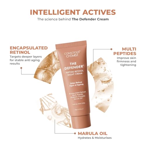 Image of Conscious Chemist 0.2% Retinol Moisturizer Cream | 20g | Pro-Collagen Night Cream, For Men & Women, Multi peptide Anti aging Face cream, Reduces Fine lines, Neck lines & Wrinkles, All Skin Types - The Defender