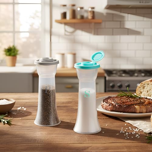 Image of Set of 2 Plastic Salt and Pepper Shakers with Lids Large Salt Shaker Pepper Container Vintage Tall Hourglass Camping Picnic Outdoors Travel Spice Set for Home Picnic Kitchen(Classic,Teal and Grey)