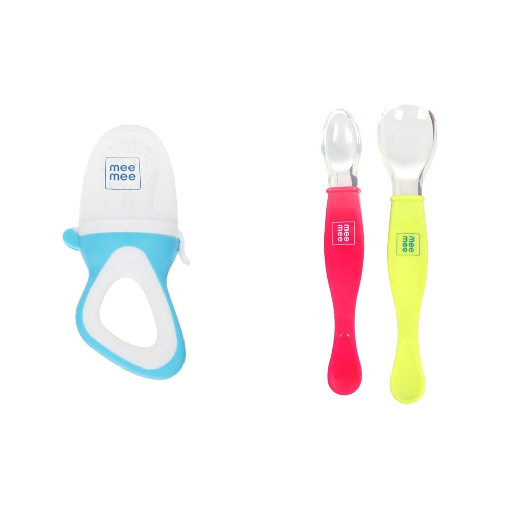 Mee MeeFruit and Food Nibbler (with Silicone Sack, Blue) & Mee Mee BPA-Free Baby Spoon (Dual-Ended - Single Pack Set)