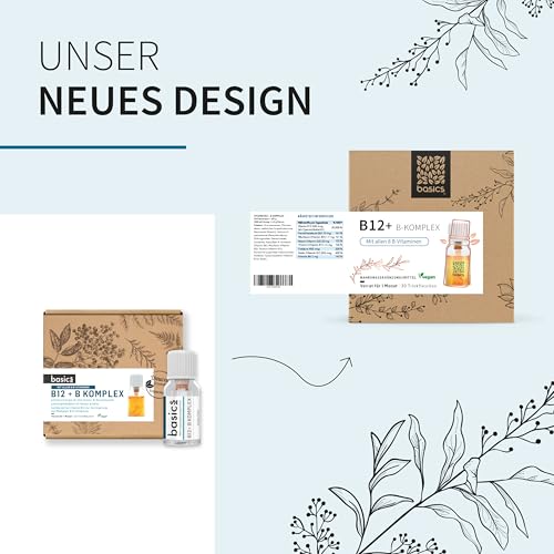 basics B12 + B-Komplex mit allen 8 B-Vitaminen - Hochdosiert mit 500mcg Vitamin B12 - für mehr Energie und Unterstützung des Nervensystems - 30 Trinkflaschen - 10ml pro Tagesdosis – Vegan