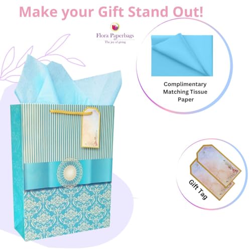 Image of Flora Paperbags Gift Bags -Wedding Combo Paper Bags for Return Gifts|Medium Carry Bags|Goodie Bags with Tissue Paper and Thank You Card Gift Tag |Pack of 10 |Size 12x9x3.5 inches|Multi-coloured